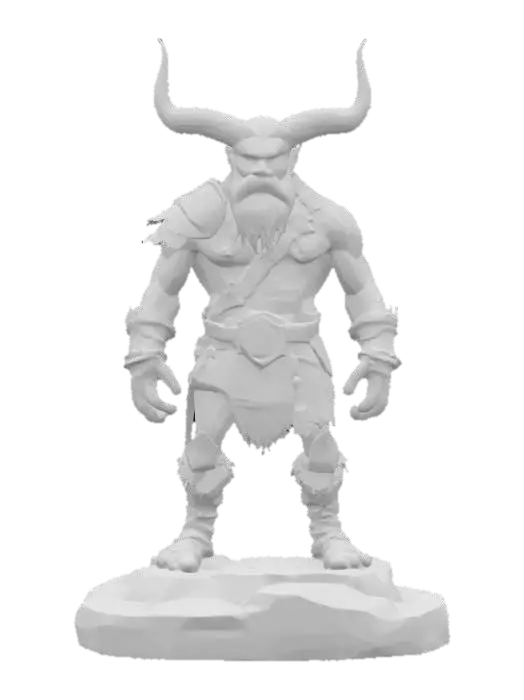 3D model for ultra detailed . comic style. pixar style. art-style :Dungeons & Dragons. a horned tribal beast warrior barbarian, he has orange hair and a red beard. use natural 
colors. highly clean stylized look. extrem detailed muscular Body. light leather amour.  standing on a square rough stone base.game assets.ensure solid printable figurine. 