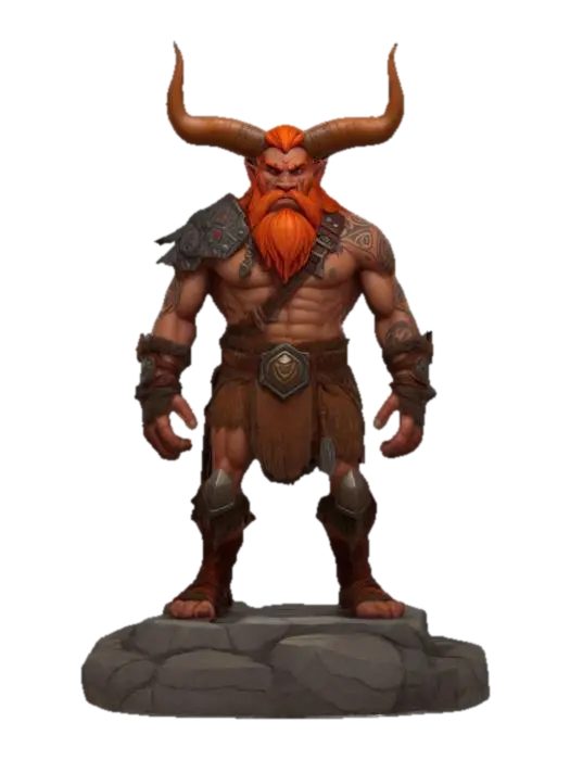 3D model for ultra detailed . comic style. pixar style. art-style :Dungeons & Dragons. a horned tribal beast warrior barbarian, he has orange hair and a red beard. use natural 
colors. highly clean stylized look. extrem detailed muscular Body. light leather amour.  standing on a square rough stone base.game assets.ensure solid printable figurine. 