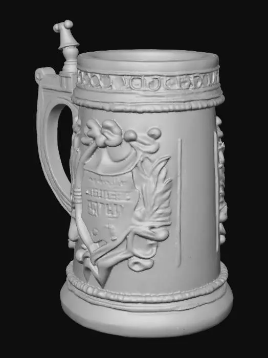 3D model for a stylized wooden German Oak Beer Mug ,open top, with ornament around the top and Bottom  add shield like  crests on side and front. ready for 3D printing.