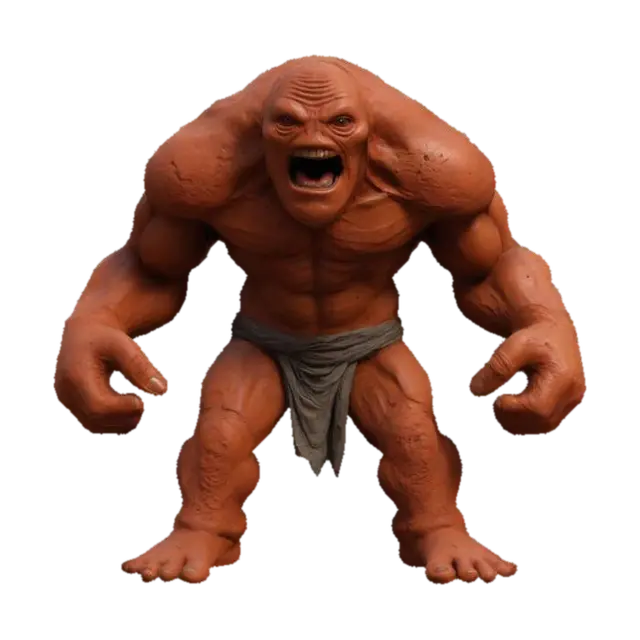 3D model for Ultra Realistic. create a Humanuid Bloobmen made from Red Clay, Bipedal Stone like Hybrid, could easily hide in rock unseen, Globular solid rocky like head with no visible ears, asymmetrical stone positions and layout of stacked stone slabs, rough, exaggerated heavy arms big fingers, aggressive fighting pose. feet/shoulder width apart, high resolution, best quality,detailed rocks,muted slightly vibrant colors,natural colors game asset, high Detailed, ell lit, Unreal Engine 5,distressed textures.