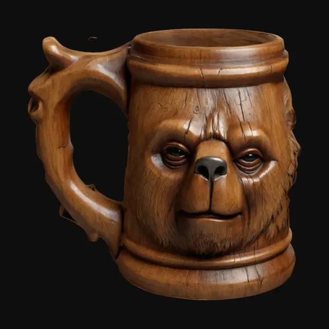 3D model for Wooden German Beer Mug . Sculpted bear face. "Hieronymus Bosch" art style. hand-carved. high-detailed. high-resolution. studio-light.