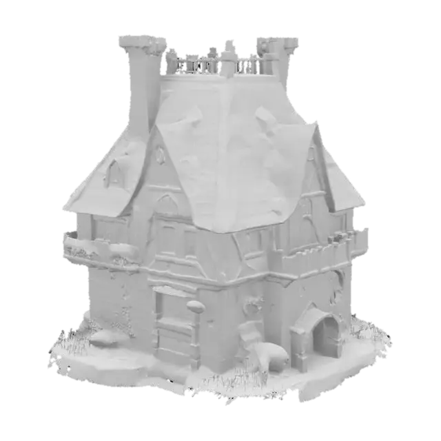 3D model for Cartoon-style. create a magic house with mushroom pattern, giant medieval. use brick and wood.  overall moss covered, vintage, geometrical decoration , tortoiseshell, bio-mechanical.ultra detailed.all the textures are well lit and bright., #game figure#
