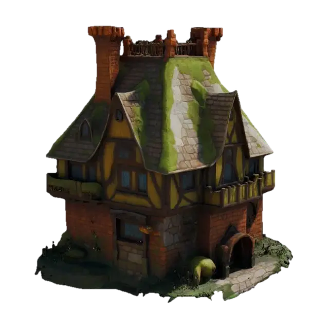 3D model for Cartoon-style. create a magic house with mushroom pattern, giant medieval. use brick and wood.  overall moss covered, vintage, geometrical decoration , tortoiseshell, bio-mechanical.ultra detailed.all the textures are well lit and bright., #game figure#