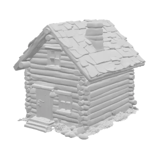 3D model for Eine stilisierte, detailarme Berghütte aus groben Holzstämmen, die eine robuste, blockartige Form aufweist. Die Baumstämme sind horizontal geschichtet, mit leicht unebenen Oberflächen, die eine rustikale Textur andeuten. Die Farbe des Holzes ist ein gedämpftes rotbraun und braun,handbemalt, wenigen Astlöchern. Die Hütte hat ein einfaches nicht überstehendes Giebeldach, das aus schiefer besteht, was ihr ein gemütliches, aber vereinfachtes Aussehen verleiht.