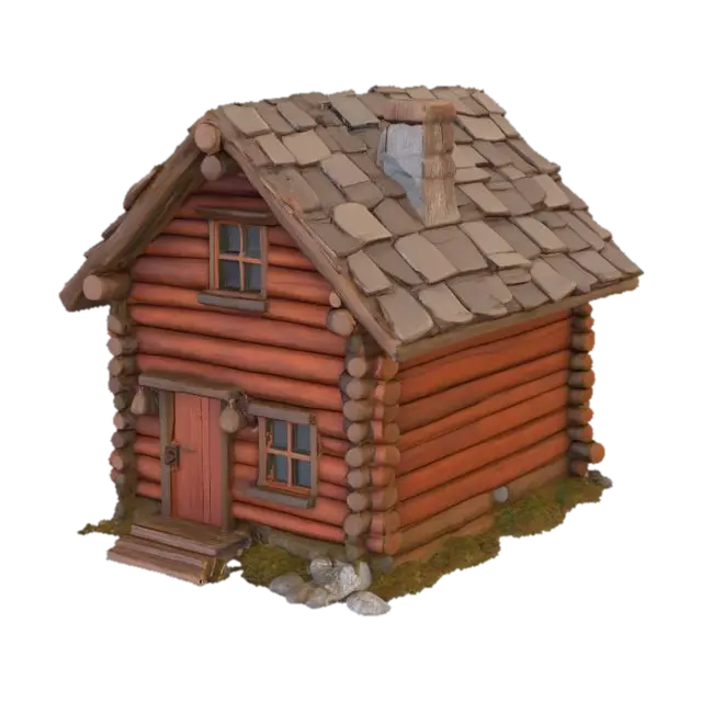 3D model for Eine stilisierte, detailarme Berghütte aus groben Holzstämmen, die eine robuste, blockartige Form aufweist. Die Baumstämme sind horizontal geschichtet, mit leicht unebenen Oberflächen, die eine rustikale Textur andeuten. Die Farbe des Holzes ist ein gedämpftes rotbraun und braun,handbemalt, wenigen Astlöchern. Die Hütte hat ein einfaches nicht überstehendes Giebeldach, das aus schiefer besteht, was ihr ein gemütliches, aber vereinfachtes Aussehen verleiht.