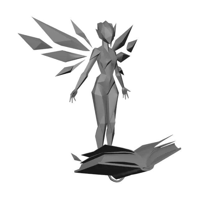 3D model for Quero o personagem explicado na imagem referência. Uma entidade, flutuando, com traços retilineos em desenhos de prismas/diamantes, voando acima de um livro aberto, como se fosse uma entidade saindo deste livro