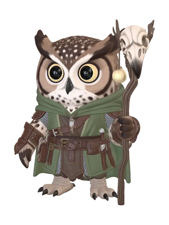 Ollie the Owl Warlock Cute Chibi DnD Companion - Fantasyart 3D model, vytvořený pomocí AI