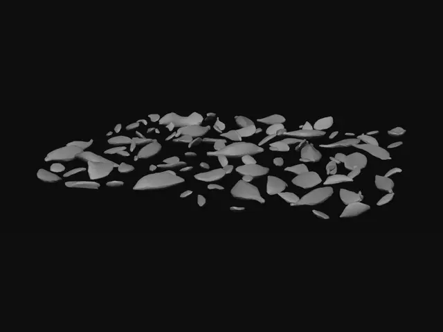 3D model for A set of separate stylized tea leaves, low poly, scattered and spread apart in space. Around 8 to 12 distinct simple leaf shapes of varying sizes, each a separate floating element with clear gaps between them. Flat faceted geometry, minimal polygon count, clean simple silhouettes. A few small orange peel flecks among them. Soft matte stylized textures, gentle green tones with warm orange accents. Simple, clean, game-ready asset, optimized for web. Isolated on neutral background, no cup, no ground, even spacing, full set visible.