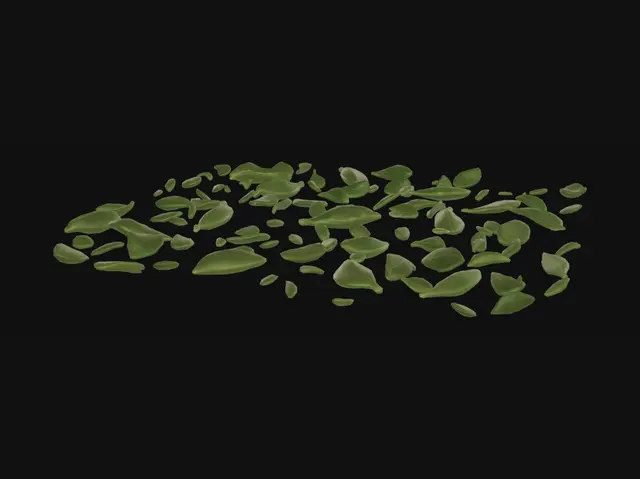 3D model for A set of separate stylized tea leaves, low poly, scattered and spread apart in space. Around 8 to 12 distinct simple leaf shapes of varying sizes, each a separate floating element with clear gaps between them. Flat faceted geometry, minimal polygon count, clean simple silhouettes. A few small orange peel flecks among them. Soft matte stylized textures, gentle green tones with warm orange accents. Simple, clean, game-ready asset, optimized for web. Isolated on neutral background, no cup, no ground, even spacing, full set visible.