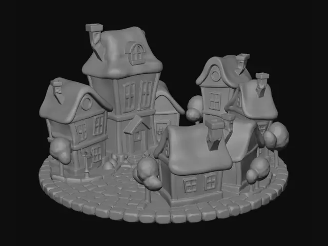 3D model for “Mini cartoon town diorama, whimsical curved houses, colorful rooftops, tiny cobblestone streets, exaggerated proportions, toy-like architecture, rounded chunky shapes, cozy atmosphere, stylized 3D animation aesthetic, hand-painted textures, soft lighting, vibrant pastel palette, clean topology, highly detailed miniature environment”