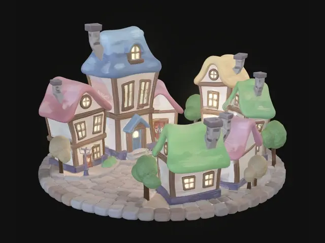 3D model for “Mini cartoon town diorama, whimsical curved houses, colorful rooftops, tiny cobblestone streets, exaggerated proportions, toy-like architecture, rounded chunky shapes, cozy atmosphere, stylized 3D animation aesthetic, hand-painted textures, soft lighting, vibrant pastel palette, clean topology, highly detailed miniature environment”