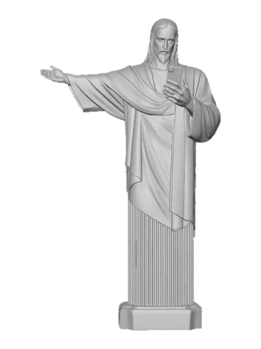 3D model for Christ the Redeemer statue holding a smartphone in one hand while the other arm is extended, overlooking Rio de Janeiro, ultra detailed stone texture, realistic lighting, city and ocean below, golden hour, cinematic, aerial view, photorealistic, 8k