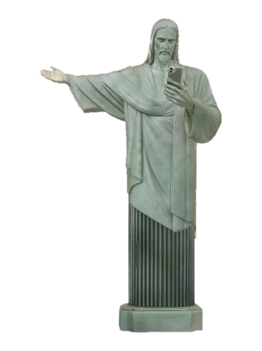 3D model for Christ the Redeemer statue holding a smartphone in one hand while the other arm is extended, overlooking Rio de Janeiro, ultra detailed stone texture, realistic lighting, city and ocean below, golden hour, cinematic, aerial view, photorealistic, 8k