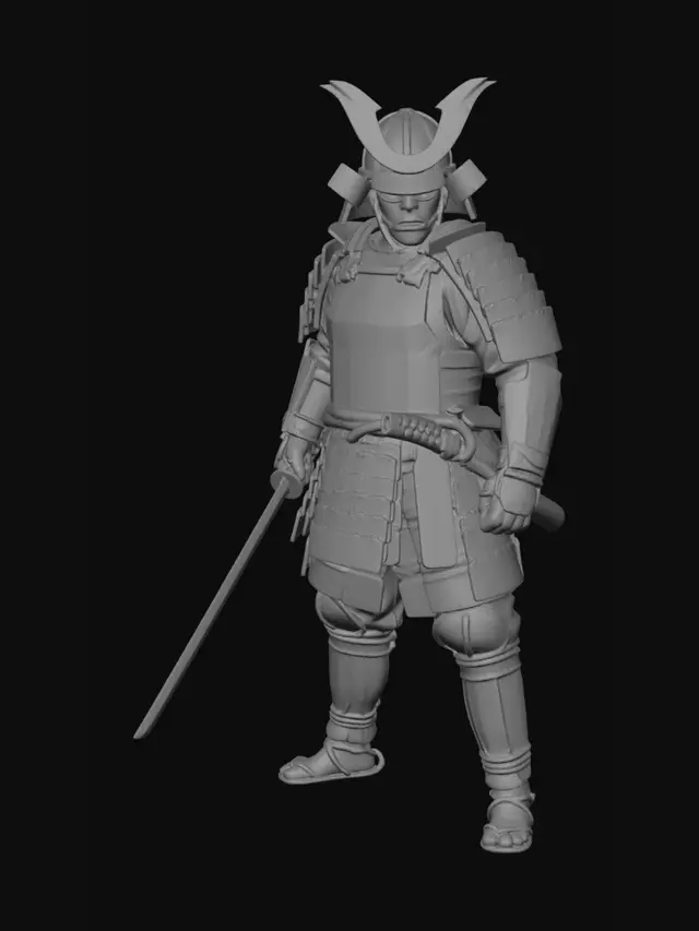 3D model for feudal samurai warrior constructed entirely from layered corrugated cardboard, visible Amazon shipping box logos integrated into armor plates, FRAGILE warning labels and shipping stickers scattered across chest and shoulder armor, exposed corrugated edges, rope bindings, weathered packaging textures, realistic tape seams and glue marks, hand-cut cardboard katana, subtle dents and water damage, cinematic lighting, ultra detailed, grounded realism, practical effects movie aesthetic, studio photography, highly detailed cardboard fiber texture