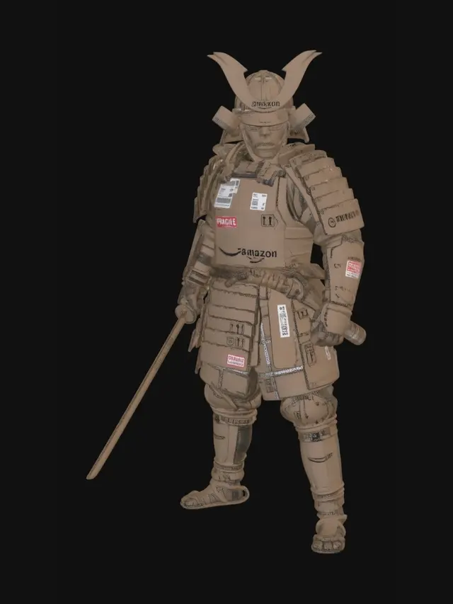 3D model for feudal samurai warrior constructed entirely from layered corrugated cardboard, visible Amazon shipping box logos integrated into armor plates, FRAGILE warning labels and shipping stickers scattered across chest and shoulder armor, exposed corrugated edges, rope bindings, weathered packaging textures, realistic tape seams and glue marks, hand-cut cardboard katana, subtle dents and water damage, cinematic lighting, ultra detailed, grounded realism, practical effects movie aesthetic, studio photography, highly detailed cardboard fiber texture