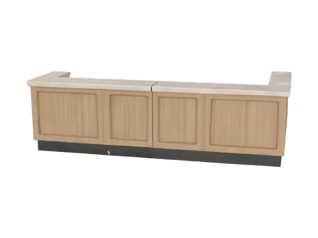 3D model for Create a simple modern dry-cleaning shop customer area divider/wall for a Roblox game.

A long, waist-high customer service barrier, around 15 studs wide and 3 studs tall. It should separate the customer waiting area from the working area while still feeling open and welcoming.

Design:
- Long rectangular shape
- Clean modern style
- Warm light wood front panels
- Smooth white or light stone top surface
- Slightly rounded edges
- Minimal details
- Realistic furniture proportions

Add small decorative elements like subtle panel lines or a thin dark accent strip, but keep it simple and low-poly for Roblox.

The object should look like part of a professional dry-cleaning store interior.