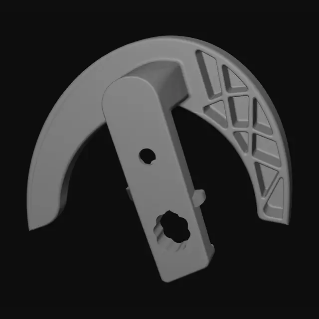3D model for Create a high-detail 3D model of a rear lower chain guard for a Yamaha YZF-R1. The part must feature a modern racing design with a curved semi-circular protective arm following the rear sprocket radius. Include a side mounting block with a central bolt hole and hex nut recess for swingarm attachment. Smooth aerodynamic surfaces, reinforced structure, rounded edges, matte black PA12 nylon/carbon composite appearance. Maintain 12–15 mm clearance from chain and sprocket. Approx size: 220 mm length, 190 mm curve diameter, 5–7 mm structural thickness. Clean manifold mesh, optimized topology, STL-ready, no floating geometry, professional aftermarket Yamaha racing style.