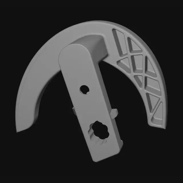 3D model for Create a high-detail 3D model of a rear lower chain guard for a Yamaha YZF-R1. The part must feature a modern racing design with a curved semi-circular protective arm following the rear sprocket radius. Include a side mounting block with a central bolt hole and hex nut recess for swingarm attachment. Smooth aerodynamic surfaces, reinforced structure, rounded edges, matte black PA12 nylon/carbon composite appearance. Maintain 12–15 mm clearance from chain and sprocket. Approx size: 220 mm length, 190 mm curve diameter, 5–7 mm structural thickness. Clean manifold mesh, optimized topology, STL-ready, no floating geometry, professional aftermarket Yamaha racing style.