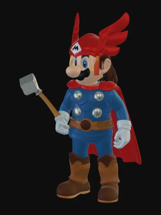 3D model for quiero una figura de mario bros convertido en thor con colores imprimibles sencillos en una postura relajada y que se pueda imprimir por colores sin necesidad de ams