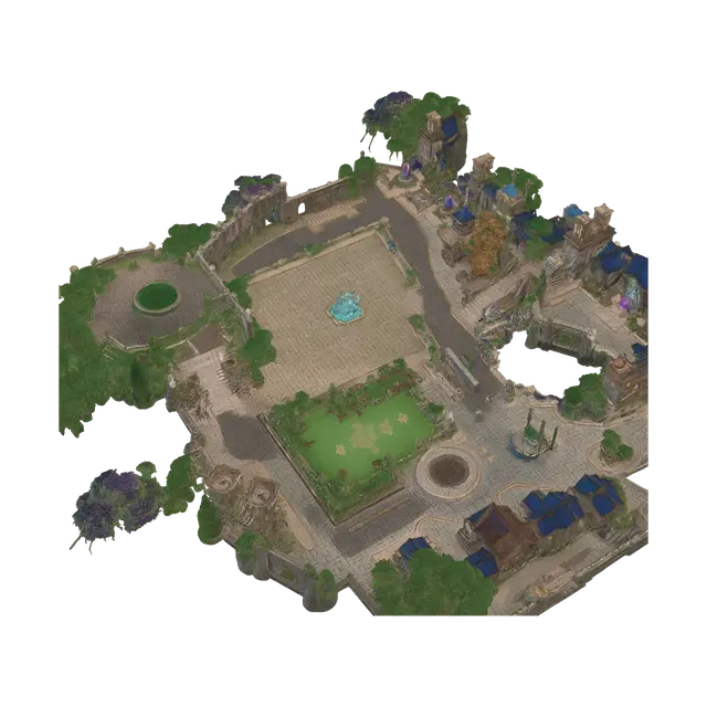 Crystalspire Plaza 3D model, vytvořený pomocí AI