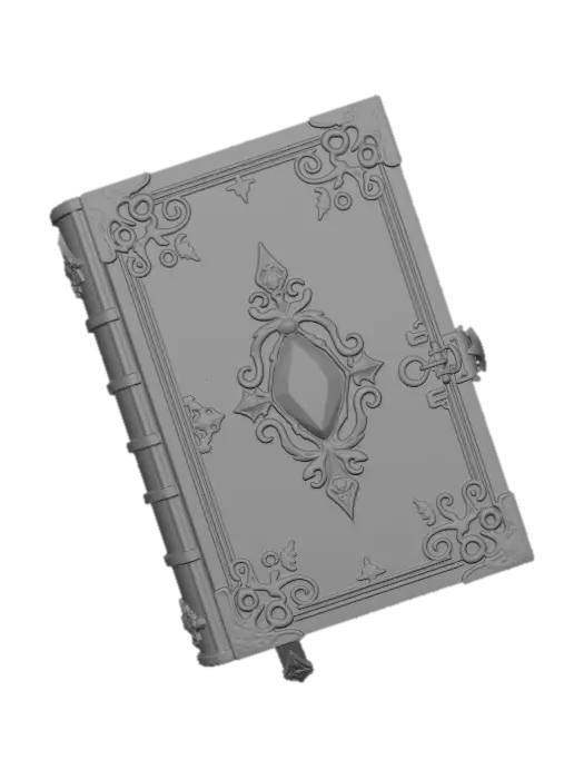 3D model for 3D游戏道具插画，复古魔法书。主体是棕色皮质封面的魔法书，四角与中心饰有金色雕花，中心镶嵌发光粉紫色宝石并带有魔法光效，整体华丽神秘，干净的白色背景，无多余文字。