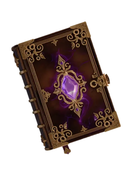 3D model for 3D游戏道具插画，复古魔法书。主体是棕色皮质封面的魔法书，四角与中心饰有金色雕花，中心镶嵌发光粉紫色宝石并带有魔法光效，整体华丽神秘，干净的白色背景，无多余文字。