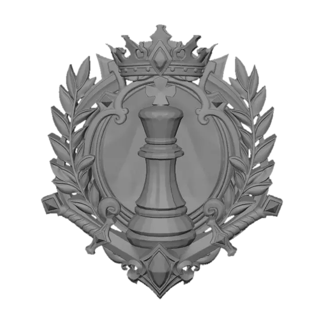3D model for 3D游戏徽章插画，华丽紫晶国际象棋主题徽章。主体是金色雕花边框，中心镶嵌紫色水晶质感的国际象棋棋子，周围环绕金质月桂叶、交叉剑柄与皇冠装饰，整体闪耀宝石光泽，精致华丽，干净的白色背景，无多余文字。