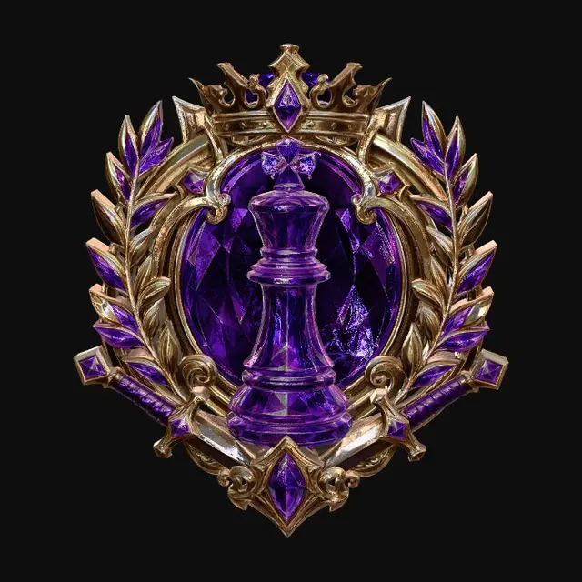 3D model for 3D游戏徽章插画，华丽紫晶国际象棋主题徽章。主体是金色雕花边框，中心镶嵌紫色水晶质感的国际象棋棋子，周围环绕金质月桂叶、交叉剑柄与皇冠装饰，整体闪耀宝石光泽，精致华丽，干净的白色背景，无多余文字。