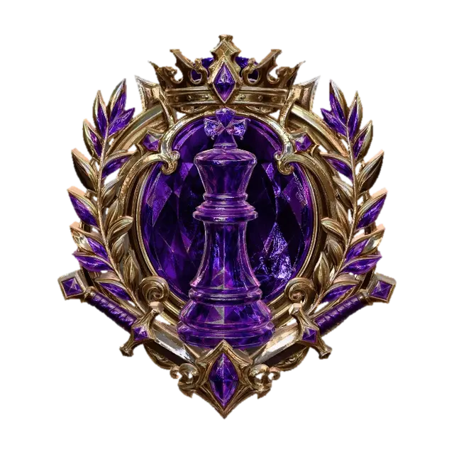 3D model for 3D游戏徽章插画，华丽紫晶国际象棋主题徽章。主体是金色雕花边框，中心镶嵌紫色水晶质感的国际象棋棋子，周围环绕金质月桂叶、交叉剑柄与皇冠装饰，整体闪耀宝石光泽，精致华丽，干净的白色背景，无多余文字。