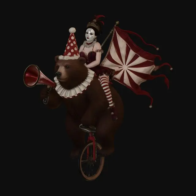 3D model for Circus Bear on a Unicycle with Flag and Rider