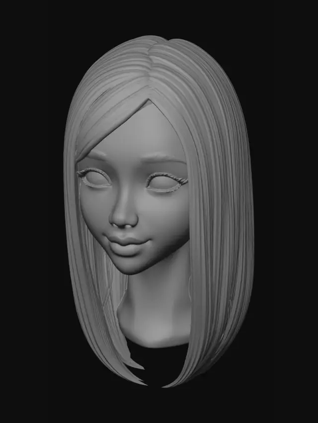 3D model for Realistic 3D printable female head.
Brown straight shoulder length hair.
Straight bangs.
Round face.
Natural smile.
Preserve likeness from reference photos.
Watertight mesh.
Ready for STL export.