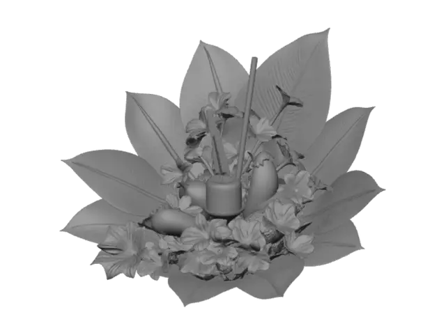 3D model for A traditional Thai flower cone made of folded green banana leaves. On top of the cone, there is a dense bouquet of small tropical flowers including red ixora and purple eggplant flowers, with traditional incense sticks and a yellow candle sticking out from the center. High detail, stylized 3D model, clean geometry, photorealistic leaf texture.