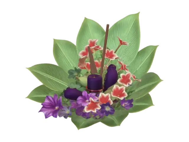 3D model for A traditional Thai flower cone made of folded green banana leaves. On top of the cone, there is a dense bouquet of small tropical flowers including red ixora and purple eggplant flowers, with traditional incense sticks and a yellow candle sticking out from the center. High detail, stylized 3D model, clean geometry, photorealistic leaf texture.