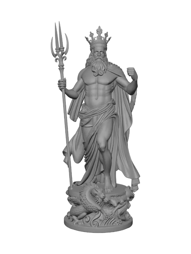 3D model for Greek God Poseidon Sculpture holding Trident, standing on a Seahorse Pedestal