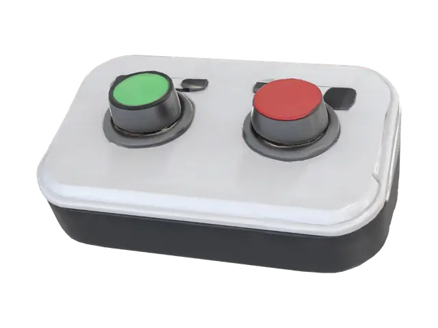 A modern desktop decision console with two large illuminated mechanical push buttons, one glowing… - Button 的 AI 生成 3D 模型