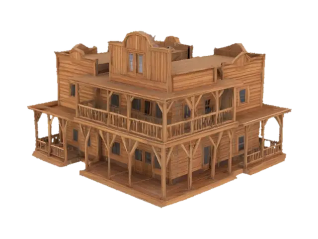 complesso di strutture in legno, stile western, saloon, con balconi, 3 strutture - Town 3D model, vytvořený pomocí AI