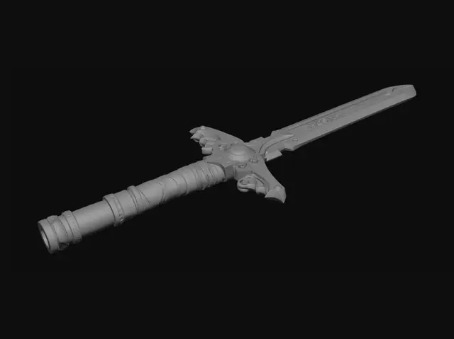 3D model for Legendary Excalibur sword, ancient holy longsword, highly detailed fantasy weapon, polished silver blade with glowing blue runes engraved along the edge, ornate golden crossguard shaped like dragon wings, royal blue gem embedded in the hilt, leather wrapped grip, medieval fantasy style, realistic metal materials, cinematic lighting, ultra detailed, centered, single object, no background, game-ready, clean topology, sharp silhouette, PBR textures, Unreal Engine quality, realistic reflections, magical aura, heroic artifact, symmetrical design