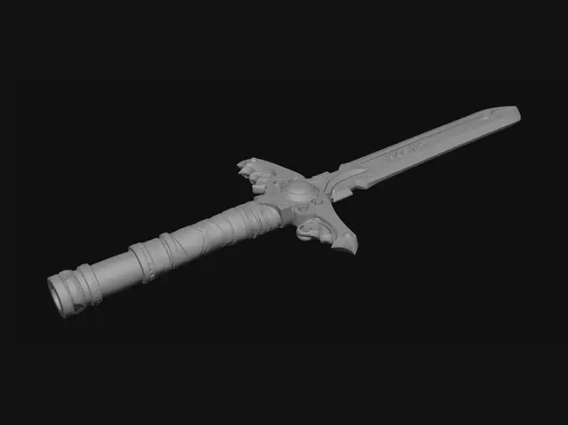 3D model for Legendary Excalibur sword, ancient holy longsword, highly detailed fantasy weapon, polished silver blade with glowing blue runes engraved along the edge, ornate golden crossguard shaped like dragon wings, royal blue gem embedded in the hilt, leather wrapped grip, medieval fantasy style, realistic metal materials, cinematic lighting, ultra detailed, centered, single object, no background, game-ready, clean topology, sharp silhouette, PBR textures, Unreal Engine quality, realistic reflections, magical aura, heroic artifact, symmetrical design