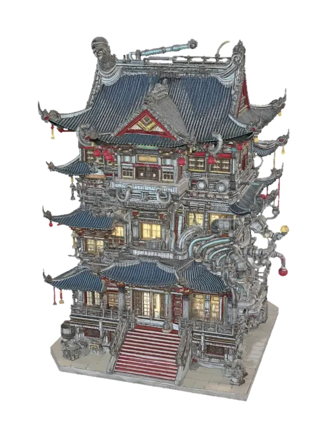 Steam-Powered Pagoda 3D model, vytvořený pomocí AI