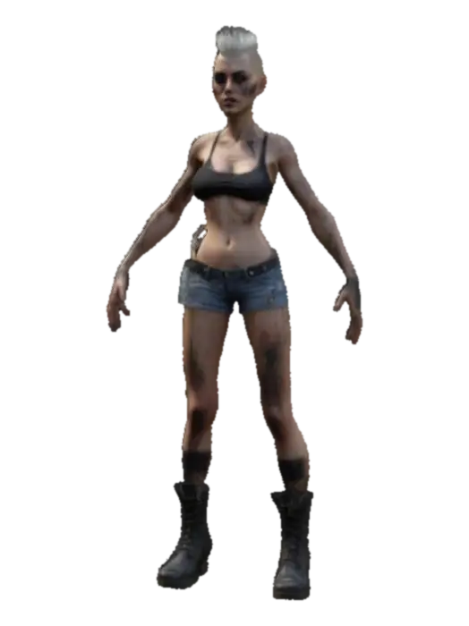 Modello 3D Urban zombie, female buzzcut hair, skimpy ripped street outfit and scuffed boots,…, generato dall’IA
