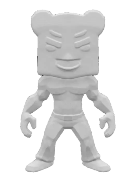 3D model for short stylized male with an enormous piece of toast for a head, simple stylized cartoon face and stylized cartoon body. menacing expression with closed mouth. sleeveless muscle shirt and skinny jeans. standing in a wide UE5 A-pose with hands away from the body.  game ready toastman character 