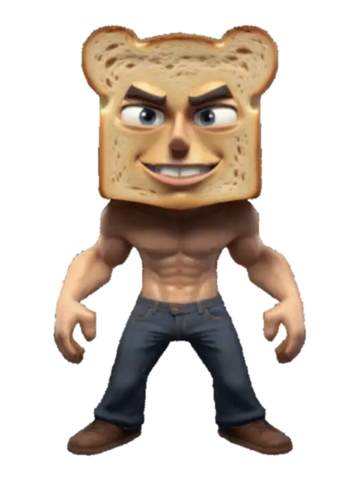3D model for short stylized male with an enormous piece of toast for a head, simple stylized cartoon face and stylized cartoon body. menacing expression with closed mouth. sleeveless muscle shirt and skinny jeans. standing in a wide UE5 A-pose with hands away from the body.  game ready toastman character 