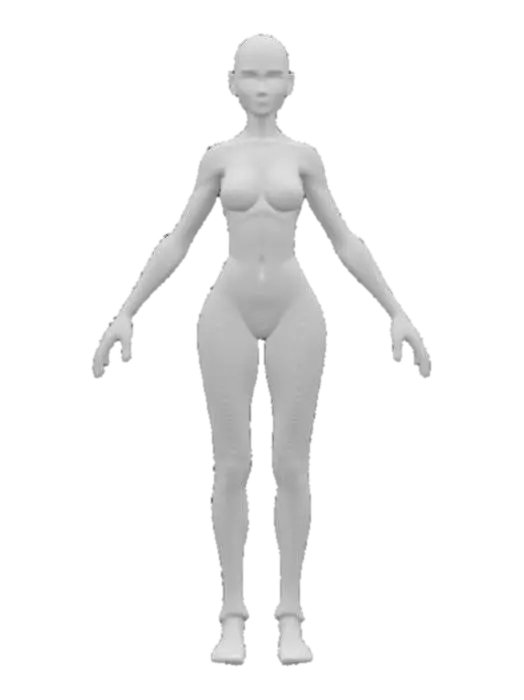 3D model for full-body humanoid female, symmetry, A-pose, game asset, features an elongated, curved head and intricate biomechanical textures that seamlessly blend organic and mechanical elements. realistic skin tone on face with matte coloured plastic texture for other organic elements. optimised for rigging and animation