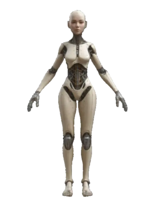 3D model for full-body humanoid female, symmetry, A-pose, game asset, features an elongated, curved head and intricate biomechanical textures that seamlessly blend organic and mechanical elements. realistic skin tone on face with matte coloured plastic texture for other organic elements. optimised for rigging and animation
