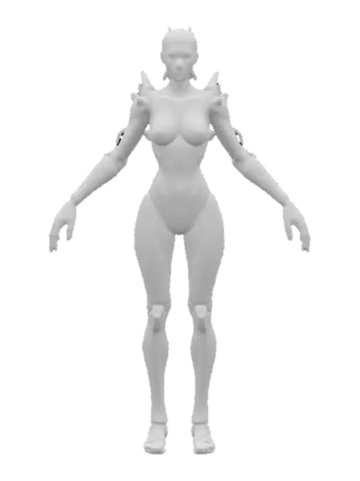 3D model for full-body humanoid female, symmetry, A-pose, game asset, features intricate biomechanical textures that seamlessly blend organic and mechanical elements. realistic skin tone on face with translucent iridescent texture for other organic elements. beautiful face with realistic features and well defined facial profile. optimised for rigging and animation