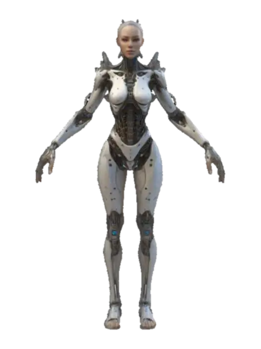 3D model for full-body humanoid female, symmetry, A-pose, game asset, features intricate biomechanical textures that seamlessly blend organic and mechanical elements. realistic skin tone on face with translucent iridescent texture for other organic elements. beautiful face with realistic features and well defined facial profile. optimised for rigging and animation