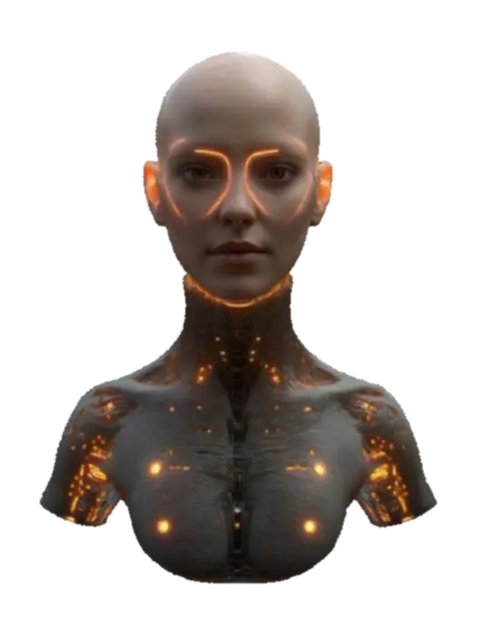 3D model for full-body bald humanoid female, symmetry, A-pose, game asset, features intricate biomechanical textures that seamlessly blend organic and mechanical elements. realistic skin tone on face with translucent glowing neon texture for other organic elements. beautiful face with realistic features and well defined facial profile. optimised for rigging and animation