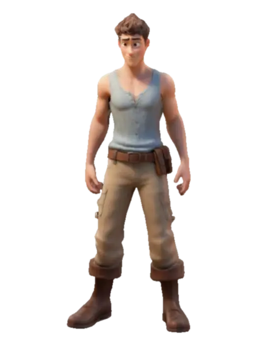 3D model for strong, powerful, beautiful, young, male adventurer,  arms outstretched standing in a game ready A-Pose. a Pixar inspired digitally painted figure featuring a man with a smooth texture, soft lighting, and stylized, flowing brushstrokes. creating a serene and elegant appearance. short spiky hair, sleeveless sheer shirt unbuttoned,  symmetrical with perfectly formed facial features optimised for animation and rigging. 