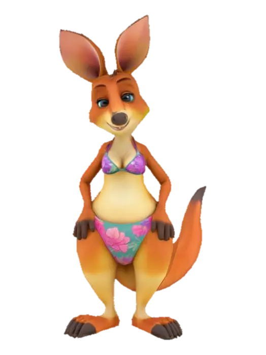 3D model for [Australia]. A realistic anthropomorphic female Kangaroo at the beach.  standing in a game ready A-Pose with arms by her side. bikini. Colourful Pixar inspired style, #AroundTheWorld#