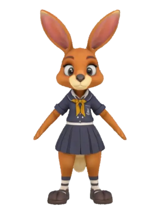 [Australia]. A realistic anthropomorphic female Kangaroo anime schoolgirl.… 3D model, vytvořený pomocí AI